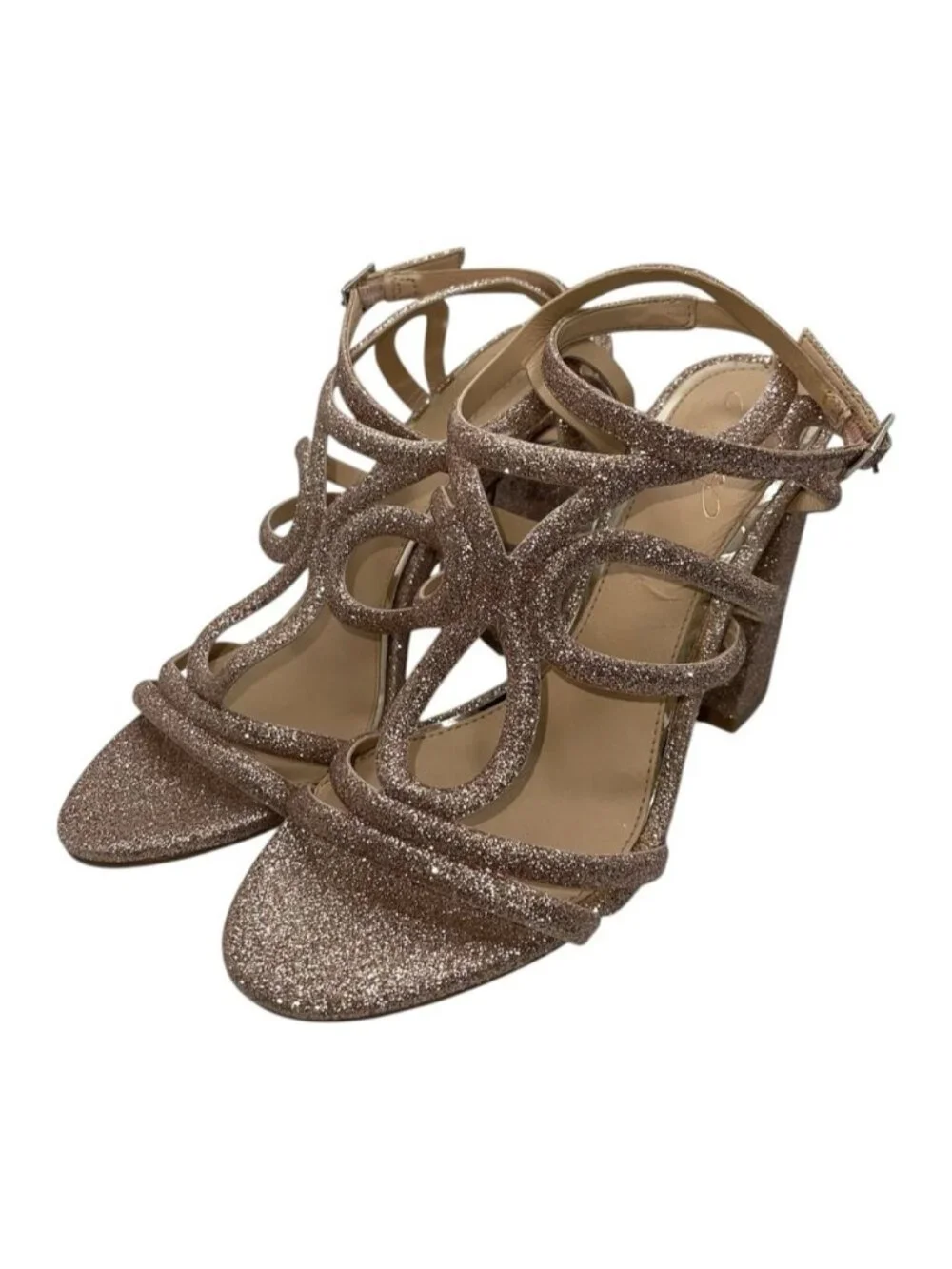 Jewel Badgley Mischka Heeled Sandals 8 US Rose Gold Shari Glitter Caged